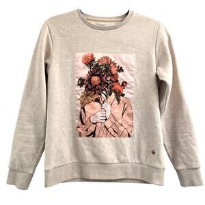 Women’s Sweatshirt M Beige Crewneck Floral Graphic Cozy Casual Streetwear Artsy